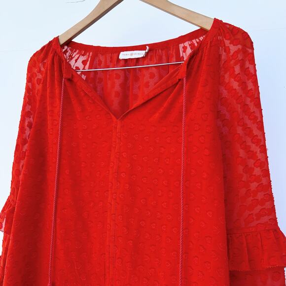 Tory Burch Swiss Dot Textured Red Orange Bell Sleeves Blouse 4 Top Boho Ruffle - Picture 6 of 10